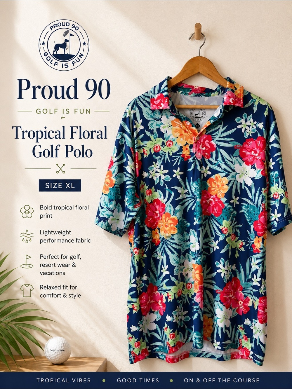 Proud 90 Golf Is Fun Tropical Floral Golf Polo XL
